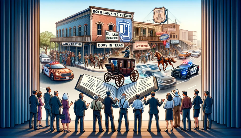 Dramatic scene illustrating the evolution of DUI laws in Texas, featuring a historic setting with a horse-drawn carriage, modern police cars, and a crowd, symbolizing the transition from past to present in DUI enforcement and legal awareness.