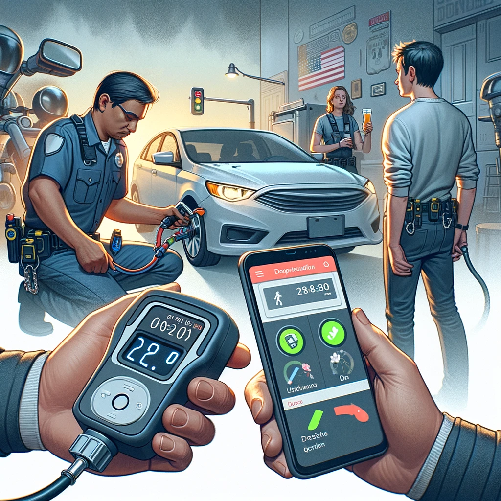 Person installing an ignition interlock device in a vehicle, emphasizing DWI law compliance in Texas, with police officers present and a smartphone displaying monitoring app features.