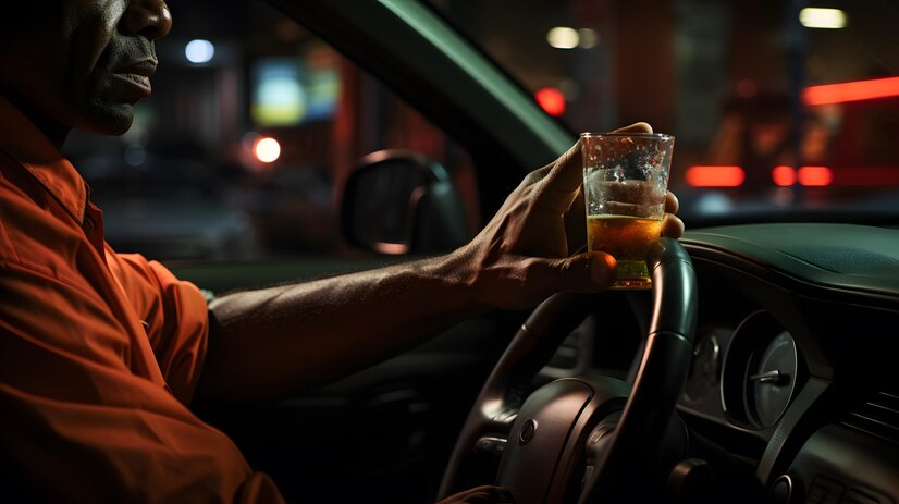 Driver holding an alcoholic drink while gripping the steering wheel, illustrating the dangers of driving under the influence.