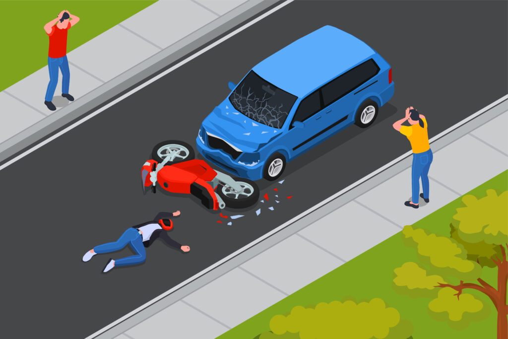 Car accident scene with a blue vehicle and a fallen scooter rider, depicting serious injuries and distress among bystanders, emphasizing the dangers of impaired riding.