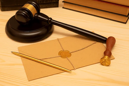Gavel, sealed envelope, and pen on wooden desk, symbolizing legal proceedings and DWI implications in driving records.