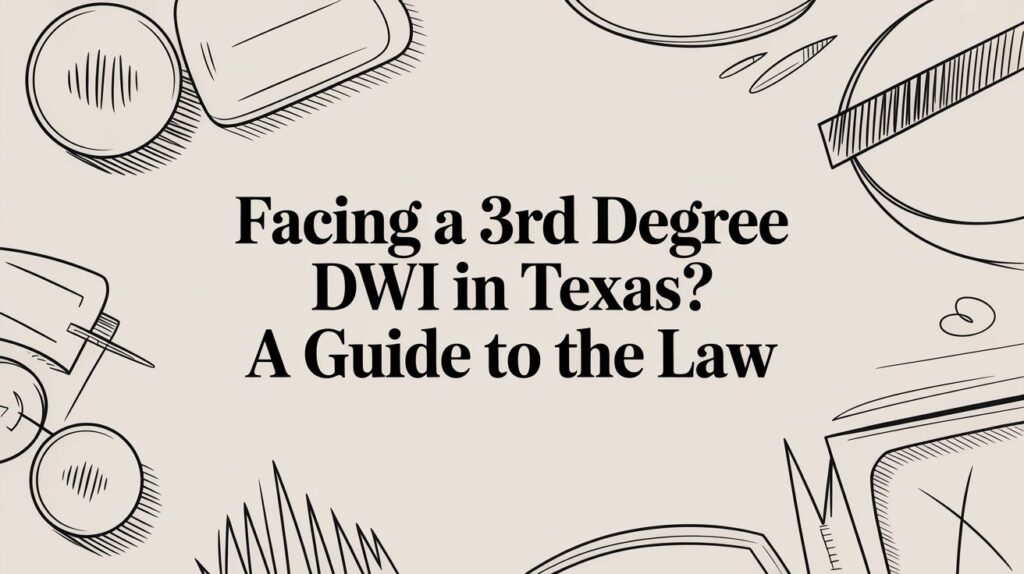 Text graphic with the title "Facing a 3rd Degree DWI in Texas? A Guide to the Law," surrounded by simple line drawings of legal documents and objects, emphasizing legal guidance for DWI charges in Texas.