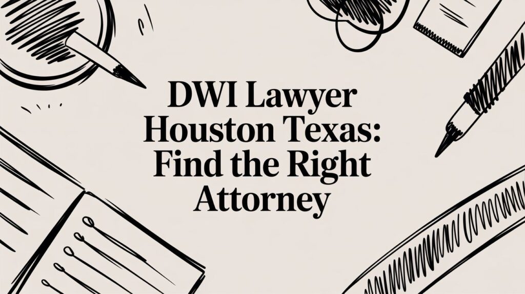 DWI lawyer Houston Texas graphic with text "Find the Right Attorney," featuring a pencil, notepad, and circular design elements, emphasizing legal assistance for DWI charges in Houston.