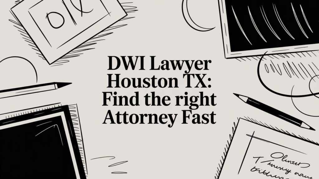 DWI Lawyer Houston TX graphic emphasizing the need to find the right attorney quickly, featuring sketches of legal tools and documents.