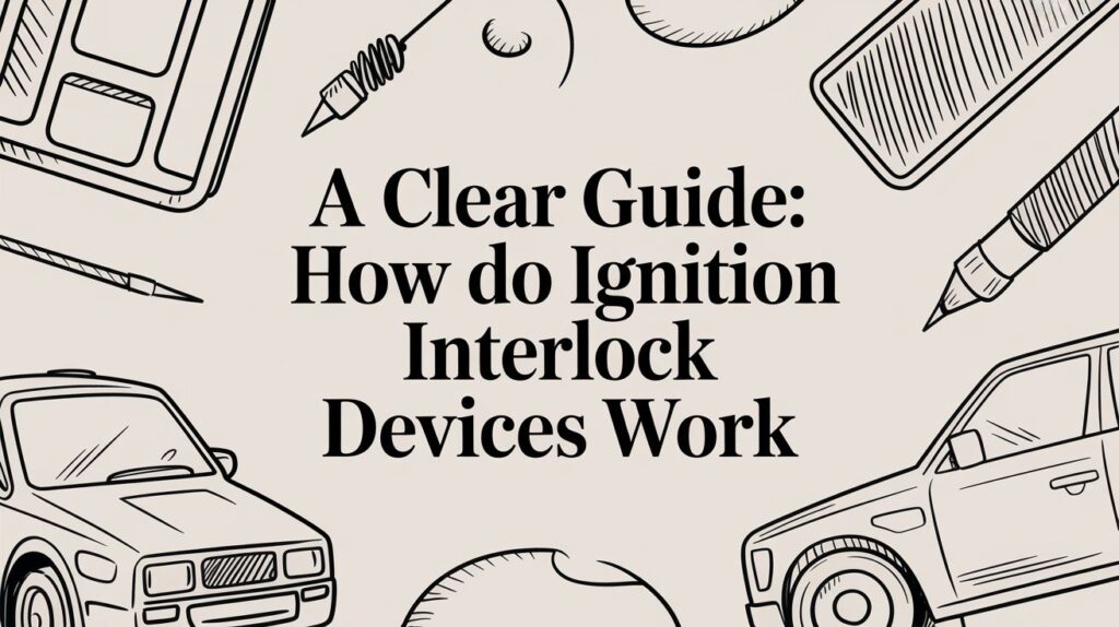 Illustration featuring text "A Clear Guide: How do Ignition Interlock Devices Work" surrounded by sketches of cars, a breathalyzer, and writing tools, relevant to understanding IID usage in Texas DUI cases.