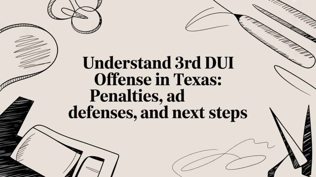 Understanding 3rd DUI Offense in Texas: Penalties, defenses, and next steps graphic with illustrative elements.