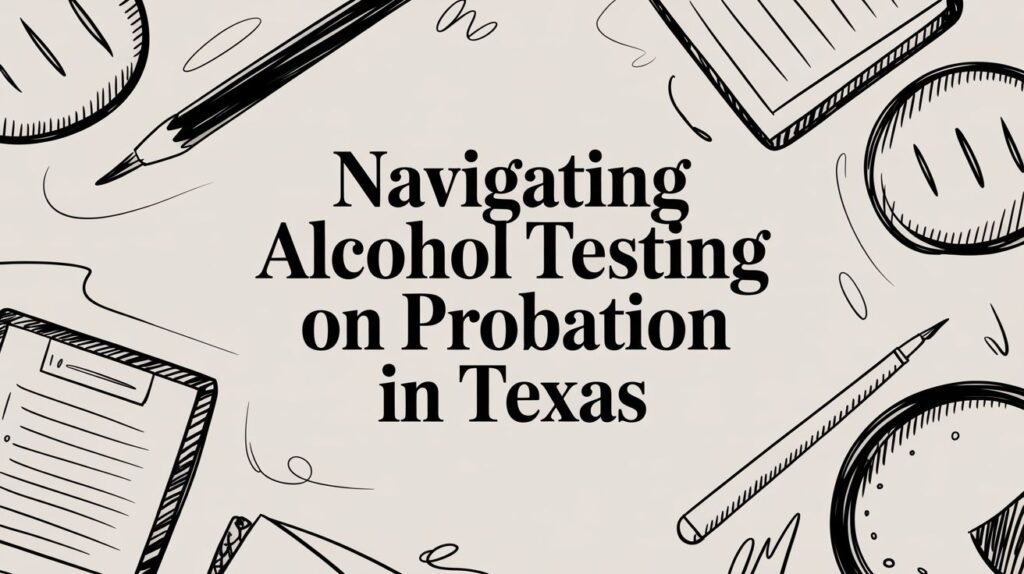 Navigating alcohol testing on probation in Texas, with sketches of a notebook, pen, and clock, emphasizing legal compliance and DWI probation requirements.