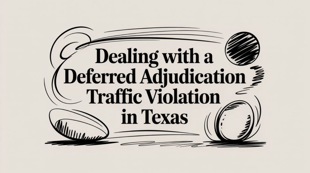 Text graphic titled "Dealing with a Deferred Adjudication Traffic Violation in Texas," featuring stylized illustrations of various balls, emphasizing legal guidance for traffic violations in Texas.
