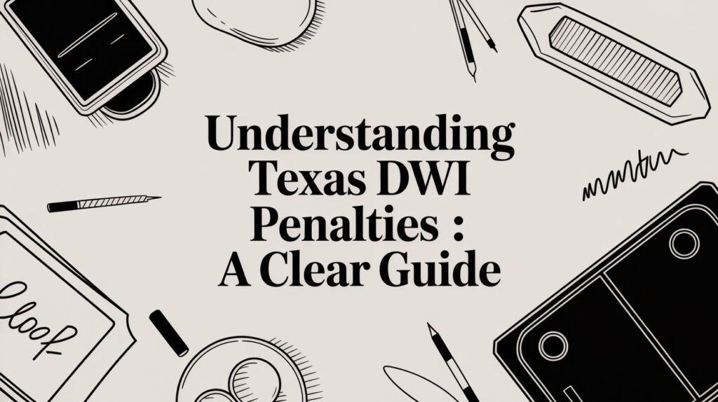 Understanding Texas DWI penalties graphic with text "Understanding Texas DWI Penalties: A Clear Guide," surrounded by office supplies, reflecting legal guidance on DWI consequences.