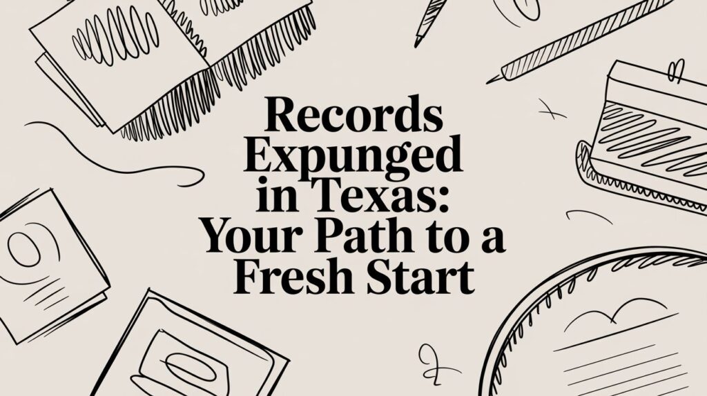 Records expunged in Texas graphic illustrating the path to a fresh start, featuring legal documents and writing tools.