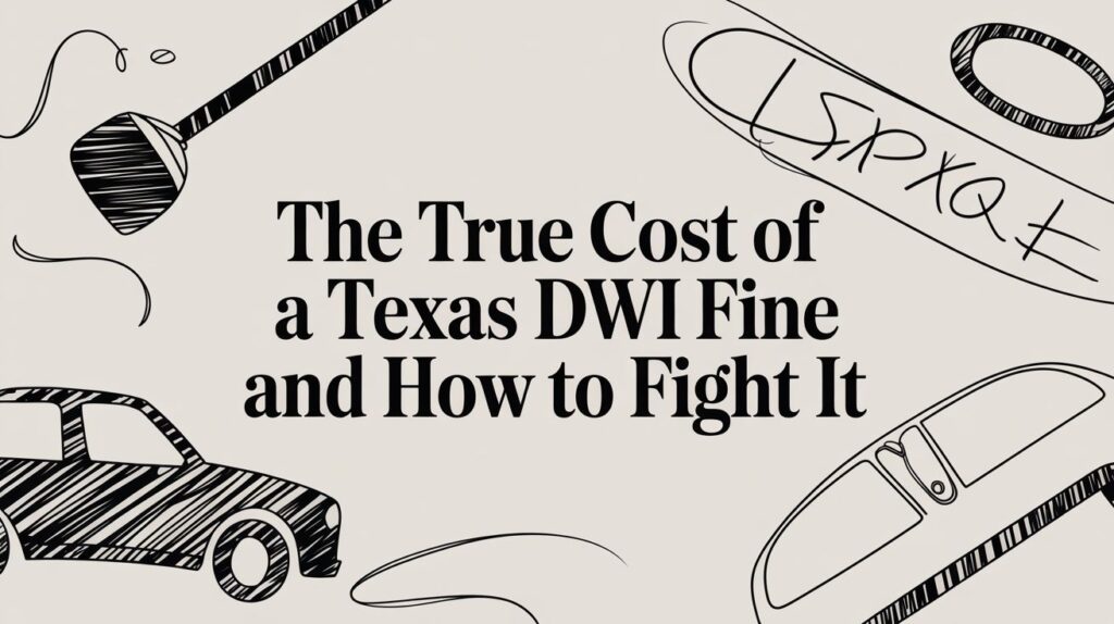 Graphic illustrating the true cost of a Texas DWI fine, featuring a gavel, a car, and stylized text emphasizing legal implications and defense strategies.