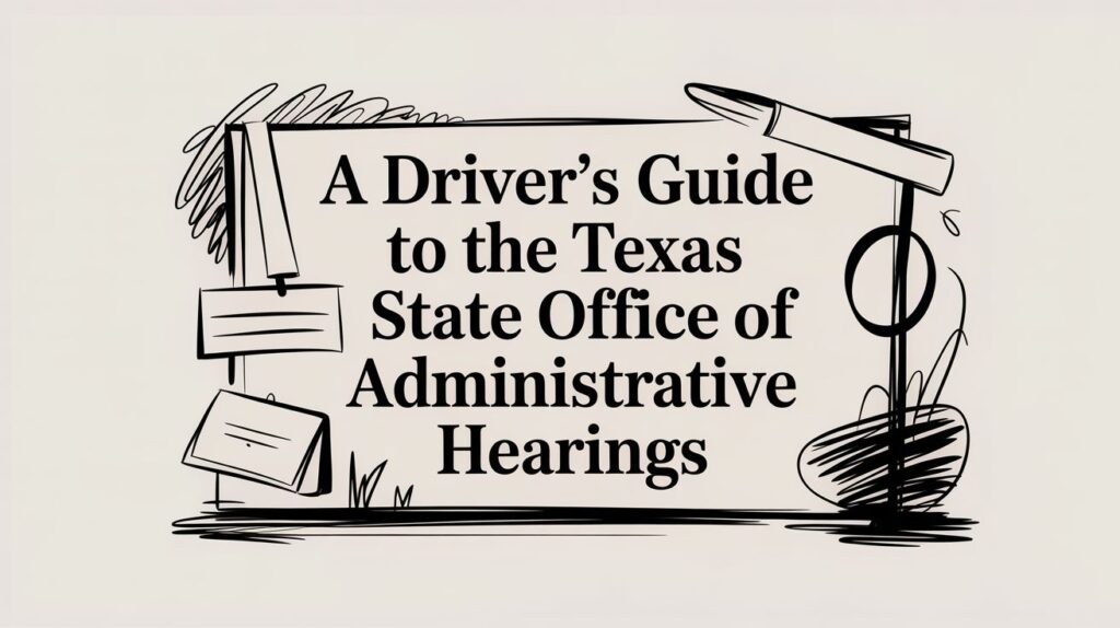 A Driver’s Guide to the Texas State Office of Administrative Hearings graphic with decorative elements, relevant to DWI legal resources and support.