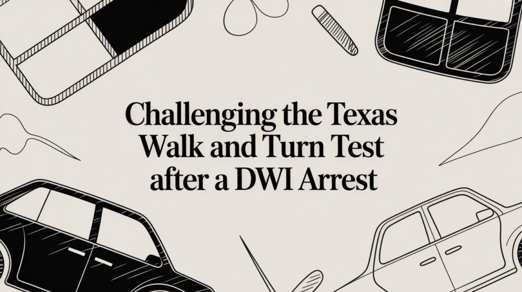 Challenging the Texas Walk and Turn Test graphic with illustrations of cars and related elements, highlighting DWI arrest context.