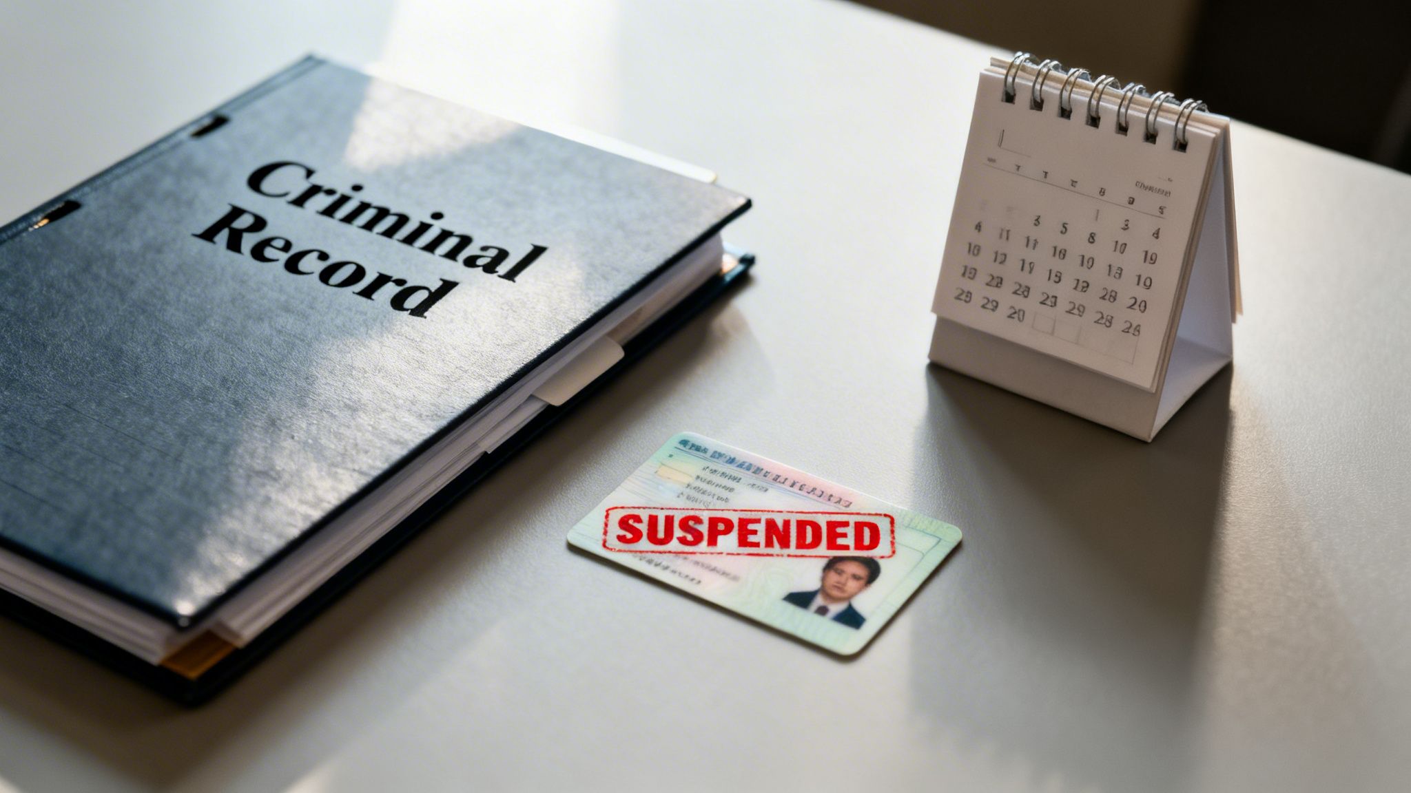 A black binder labeled 'Criminal Record' next to a suspended ID card and a desk calendar.