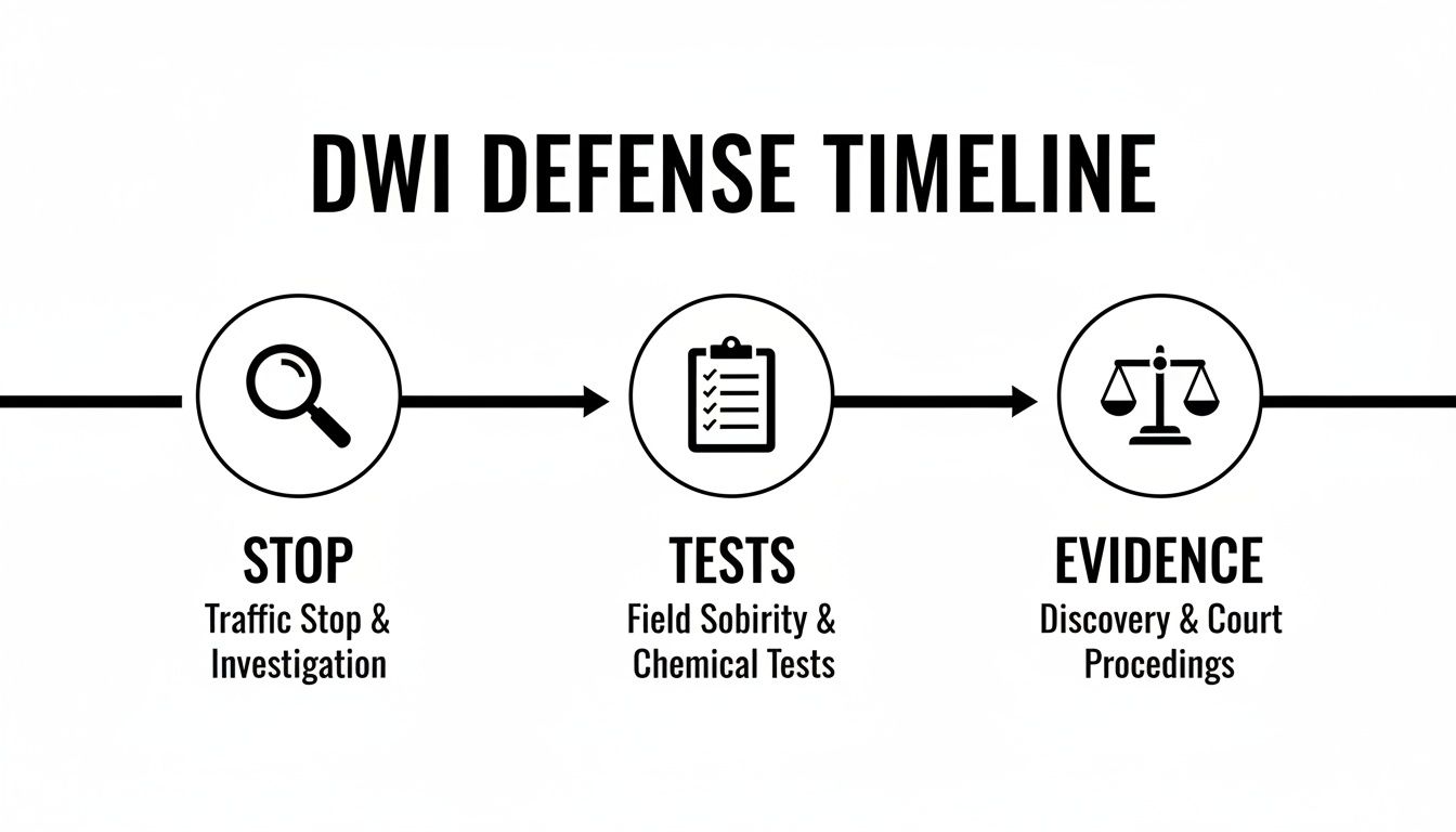 A DWI defense timeline illustrating three steps: Stop, Tests, and Evidence with their details.