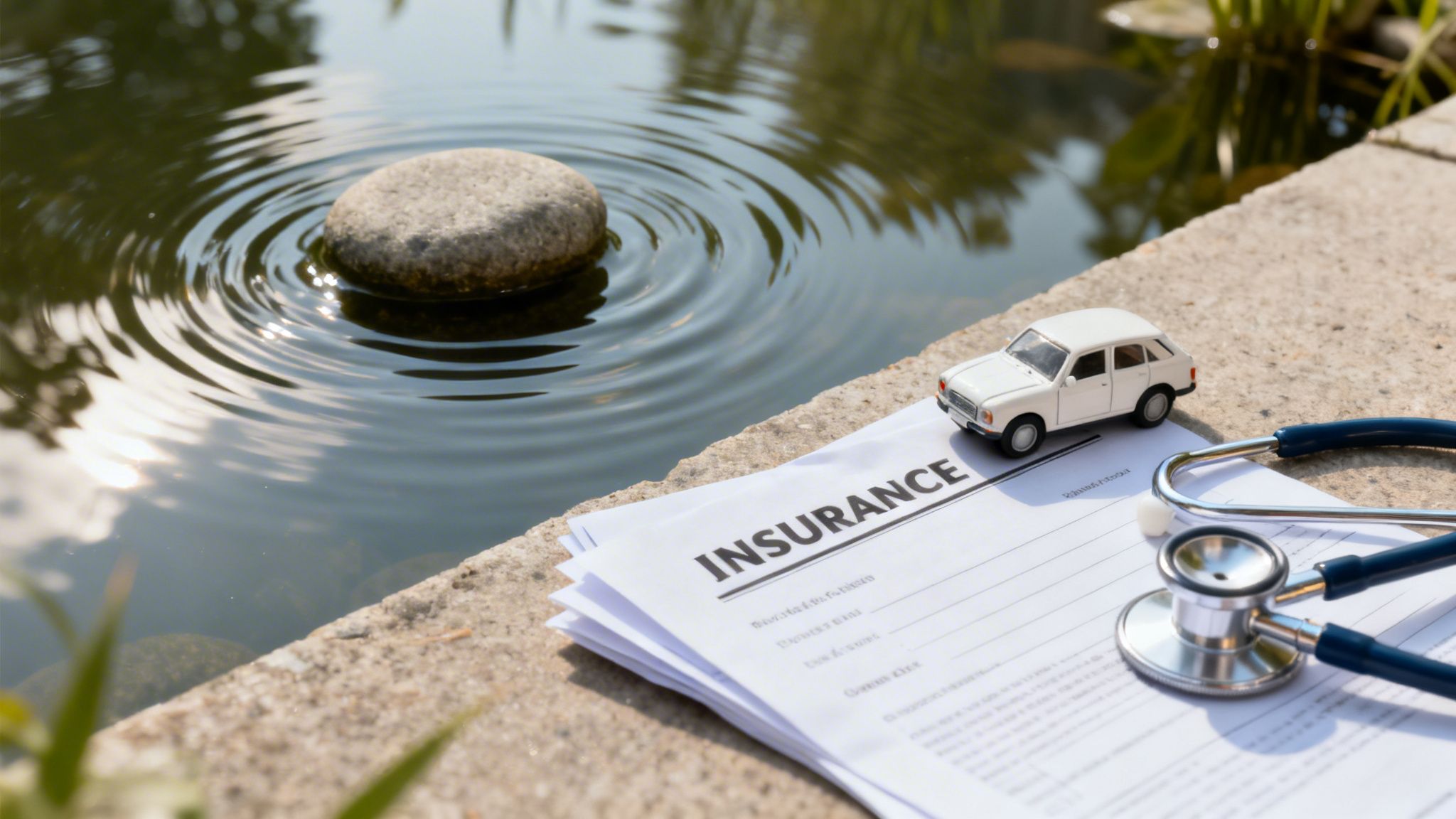 Insurance papers, a white toy car, and stethoscope on a ledge by a rippling pond.