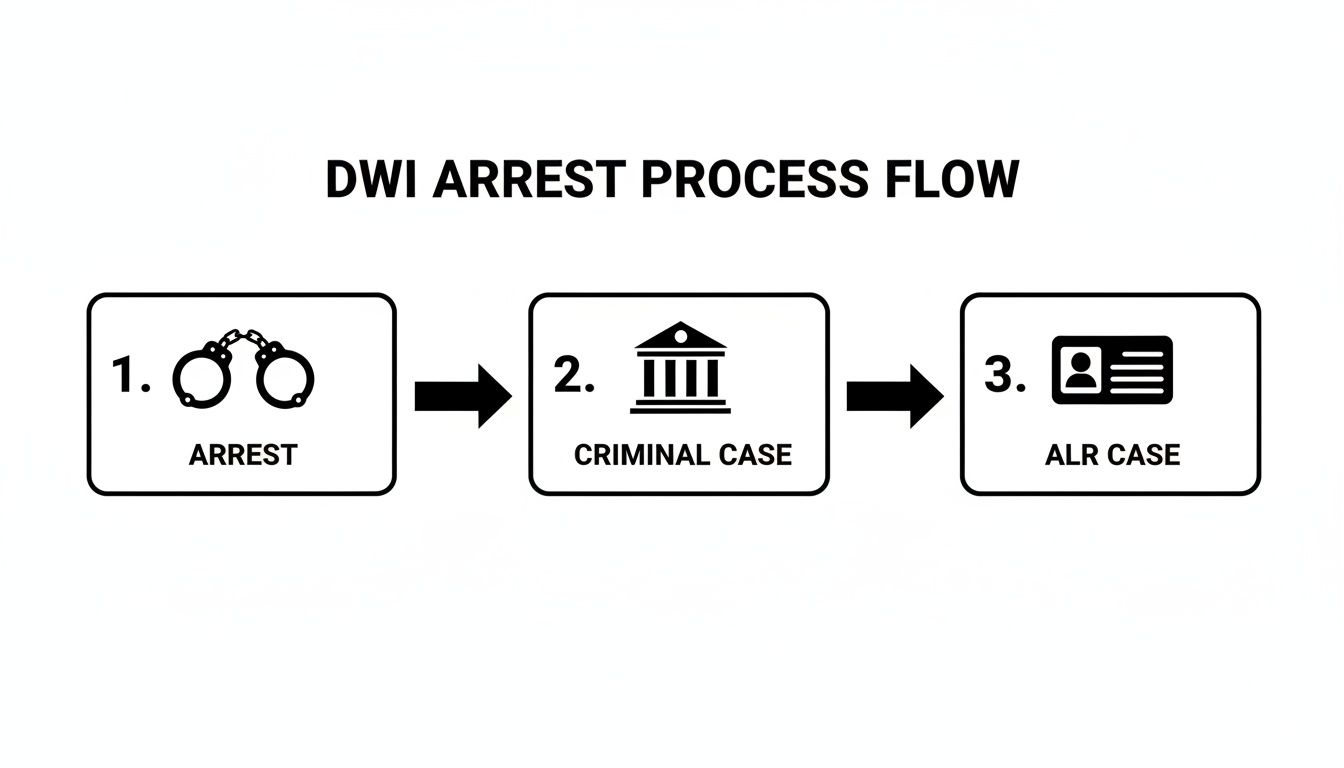 Flowchart illustrating the DWI arrest process, from arrest to criminal and ALR cases.