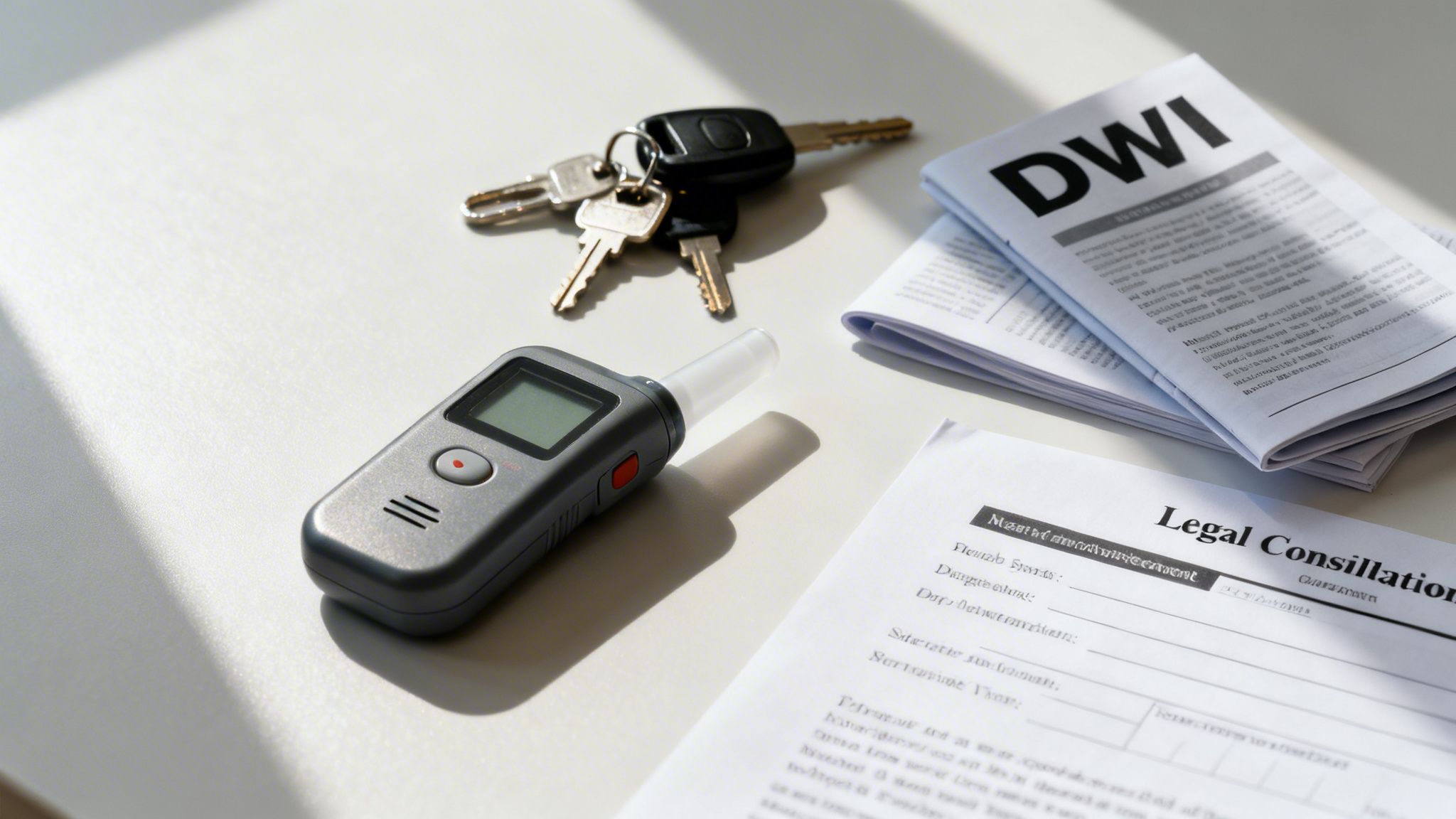 A breathalyzer, car keys, and DWI legal documents are scattered on a white table.