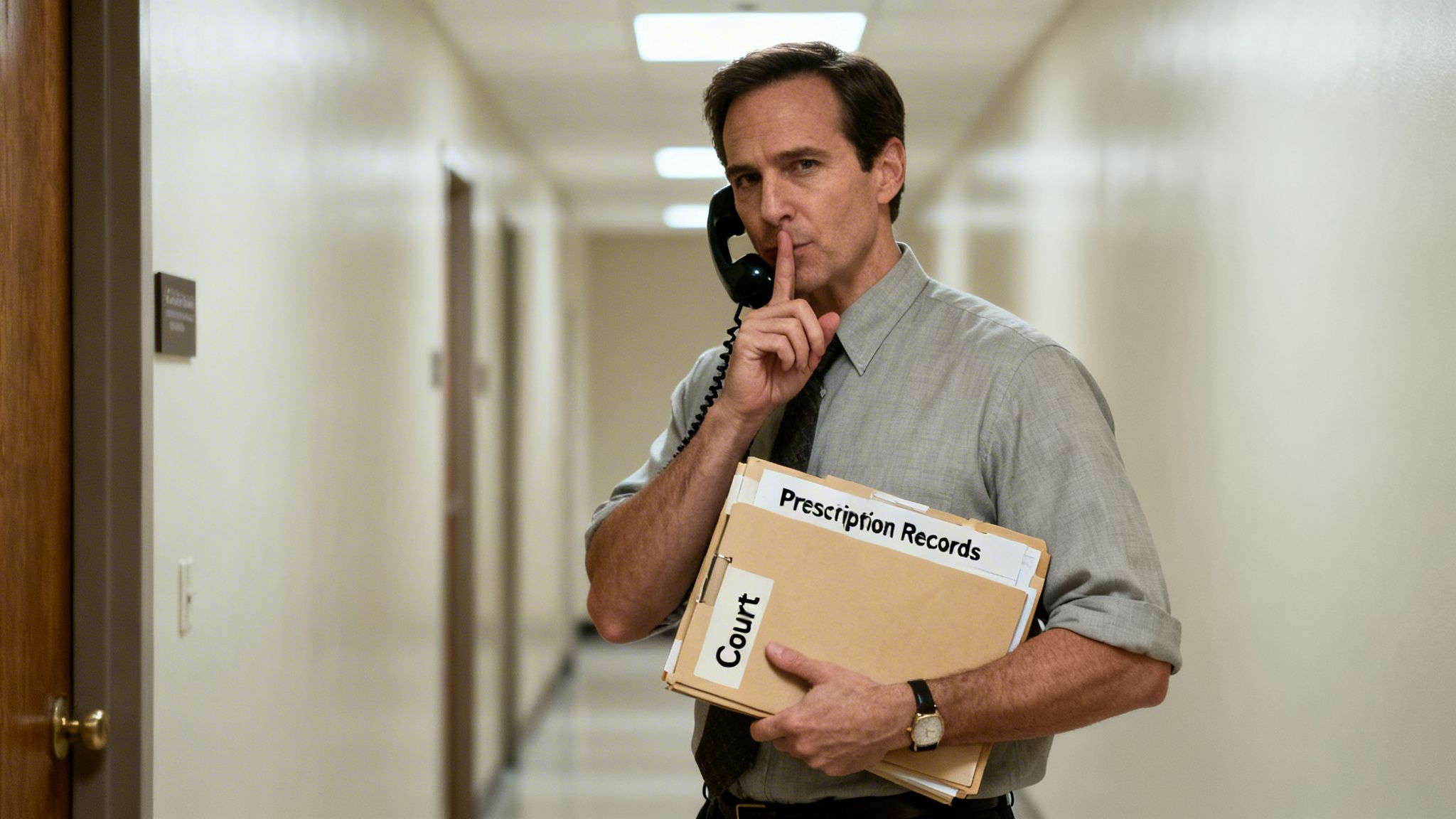 A man holding court and prescription records, making a shush gesture while on the phone.