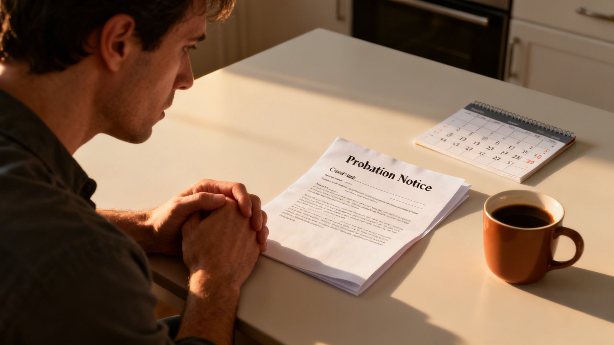 A man intensely looks at a "Probation Notice" document on a table, with a calendar and coffee nearby, suggesting serious news.