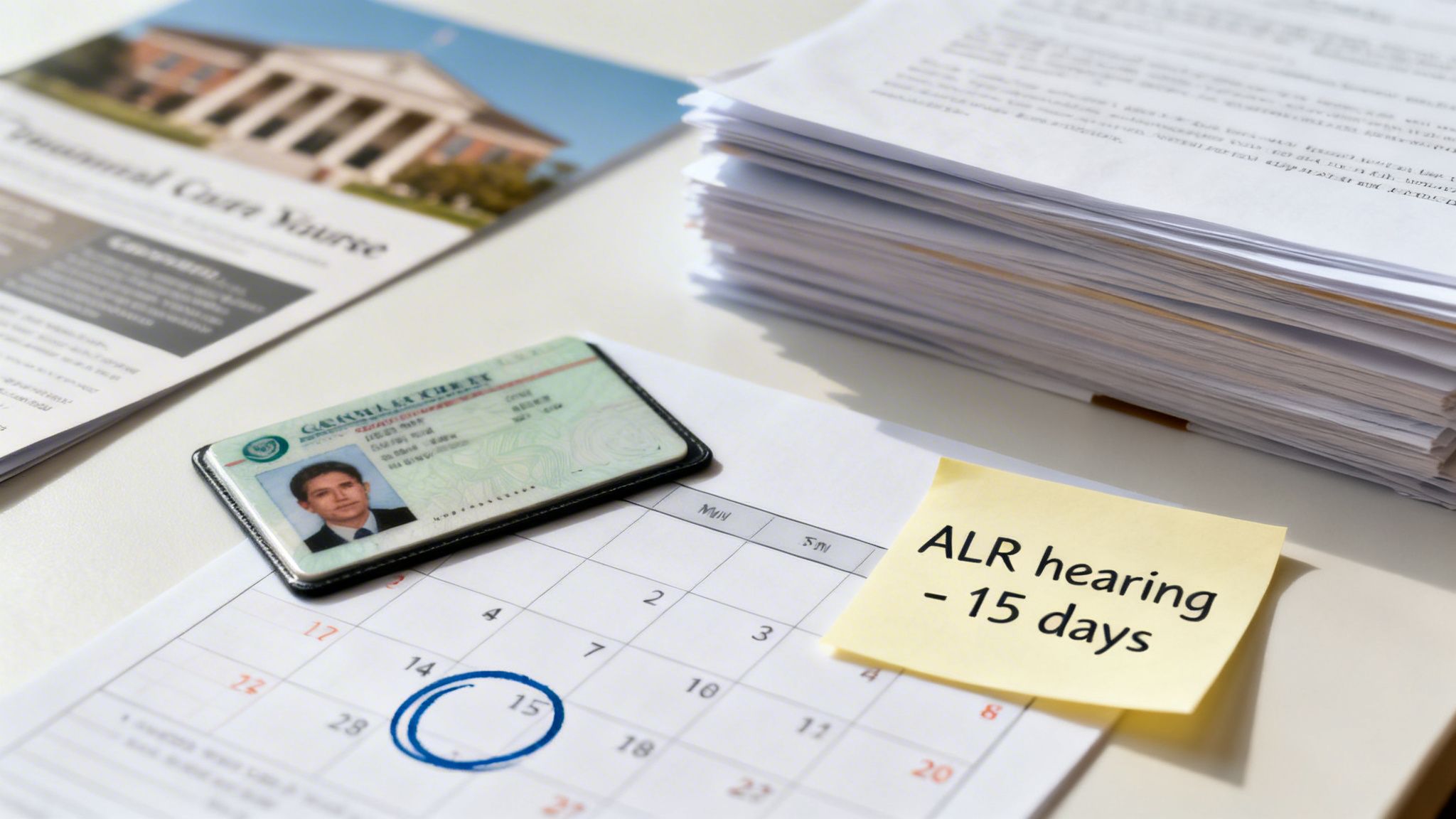 Desk with legal documents, ID card, calendar, and a sticky note about an ALR hearing.