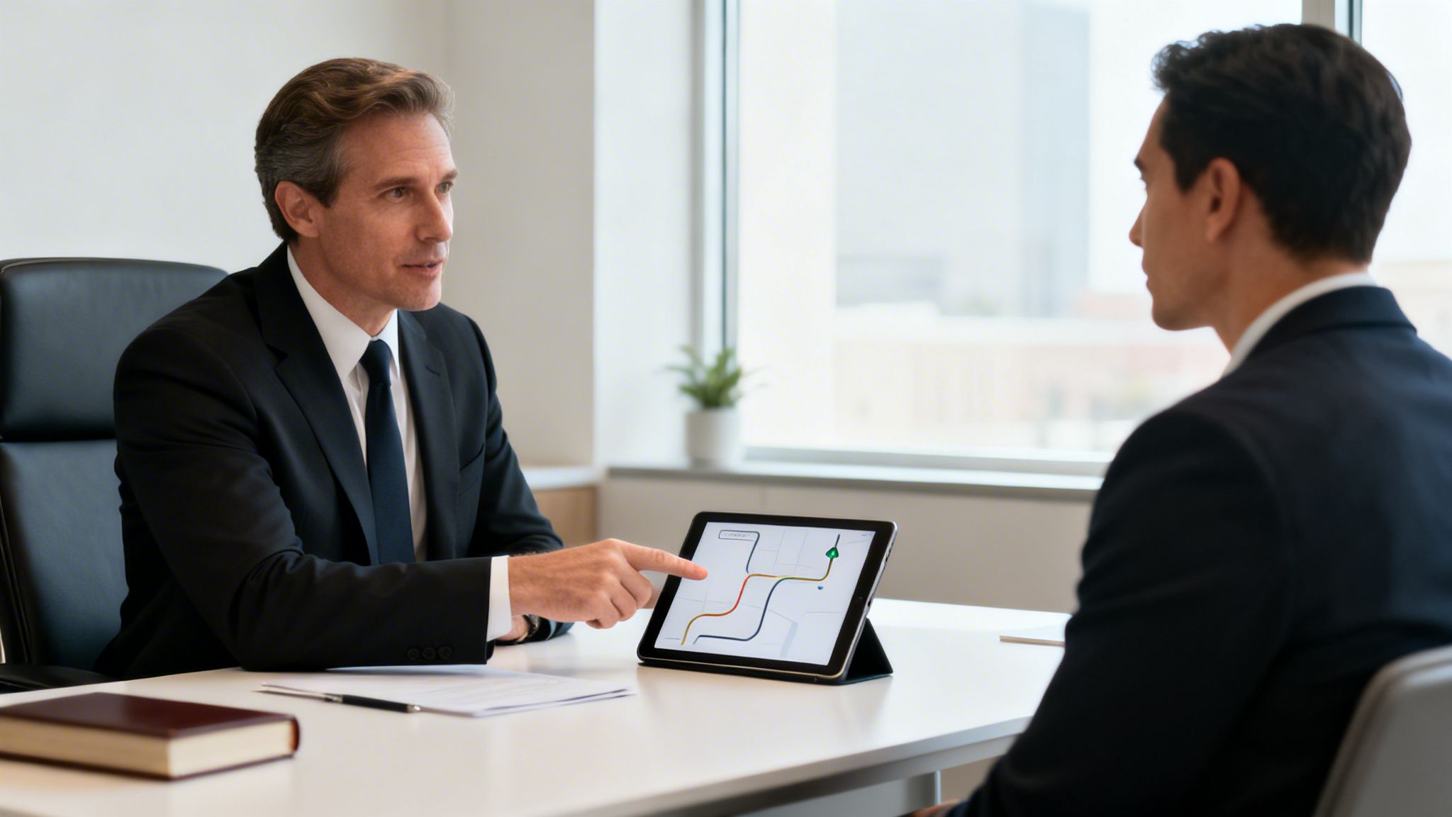 A businessman points at a tablet displaying a colored graph to another man in an office.