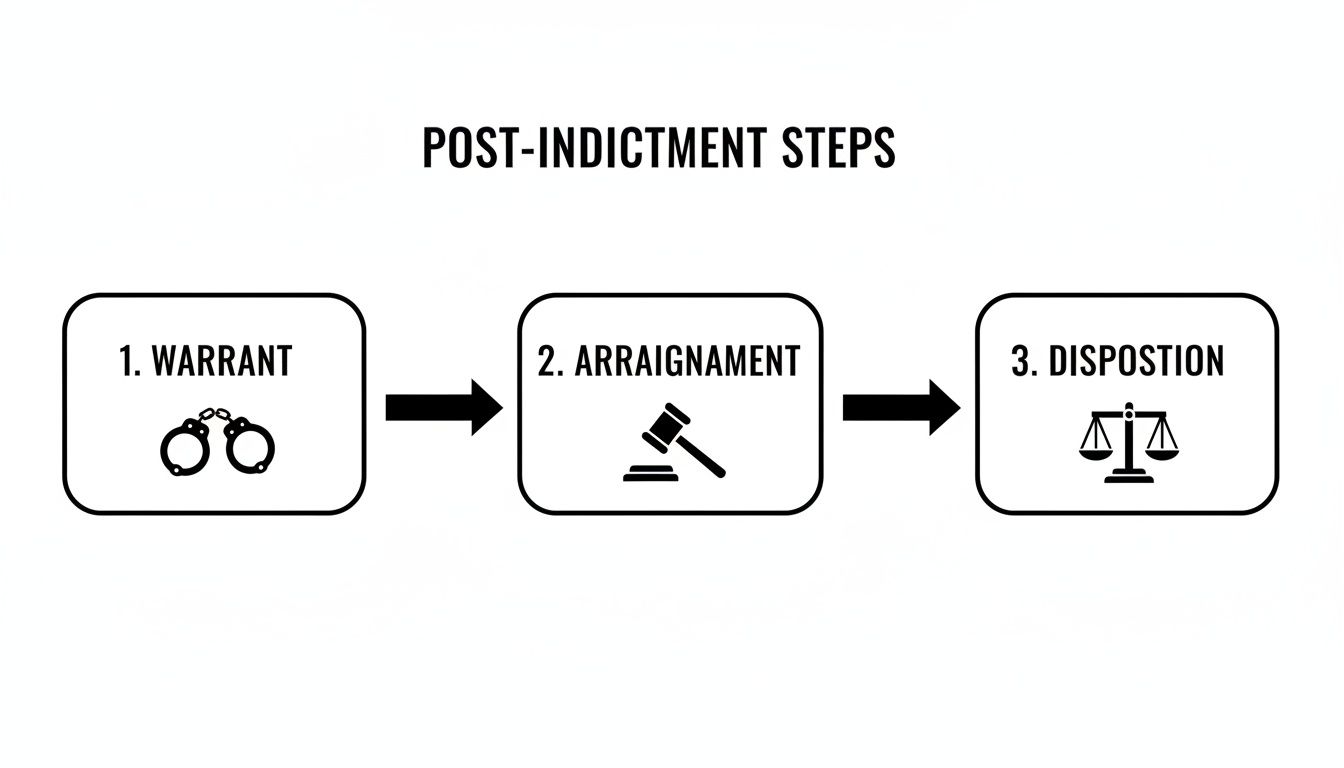 Flowchart illustrating post-indictment legal steps: warrant, arraignment, and disposition, with corresponding icons.