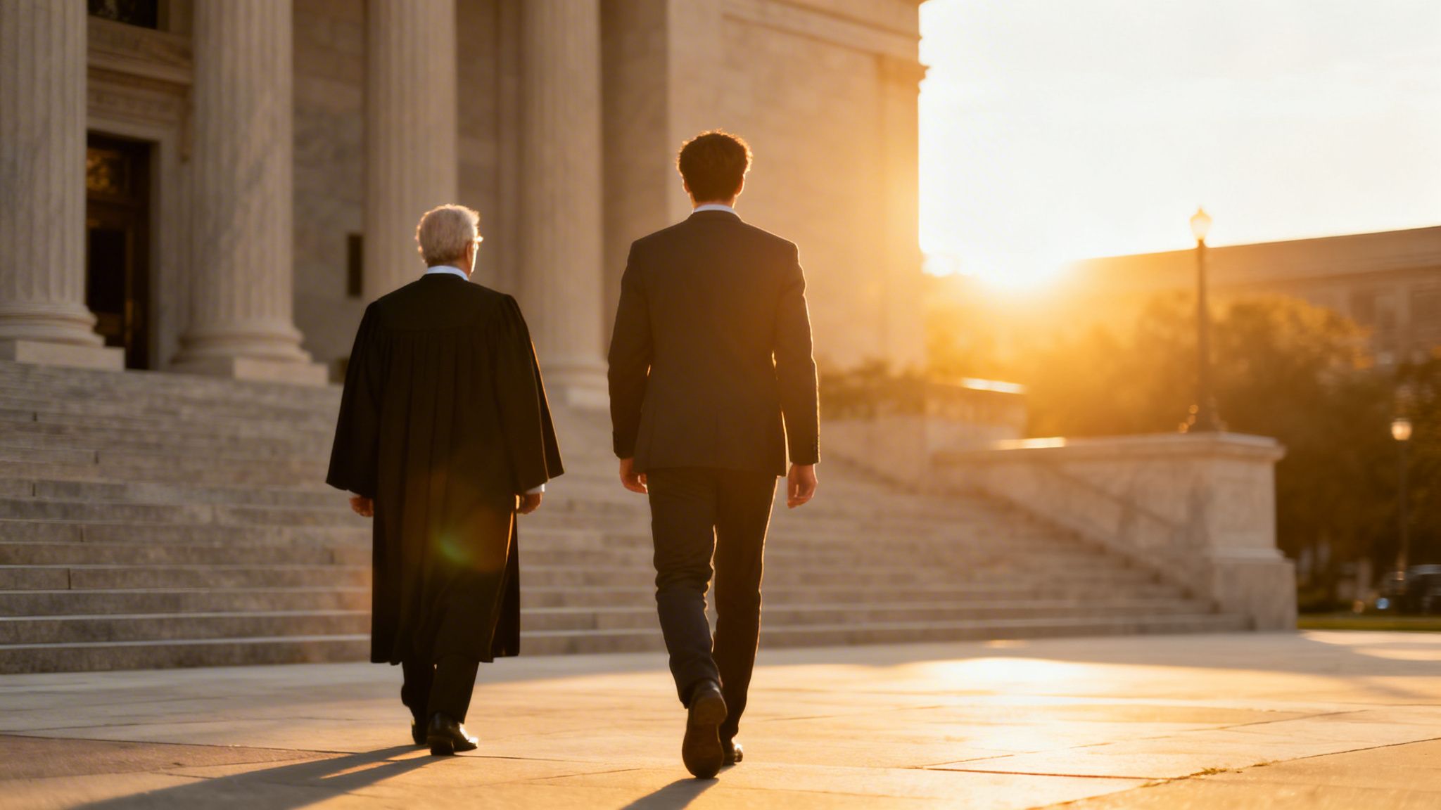 Two men, one in a robe and one in a suit, walk towards a courthouse at sunrise.