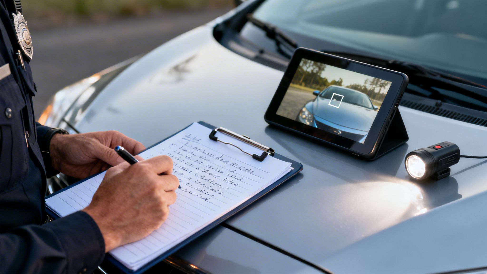 A police officer writes on a clipboard on a car hood, next to a tablet and a flashlight.