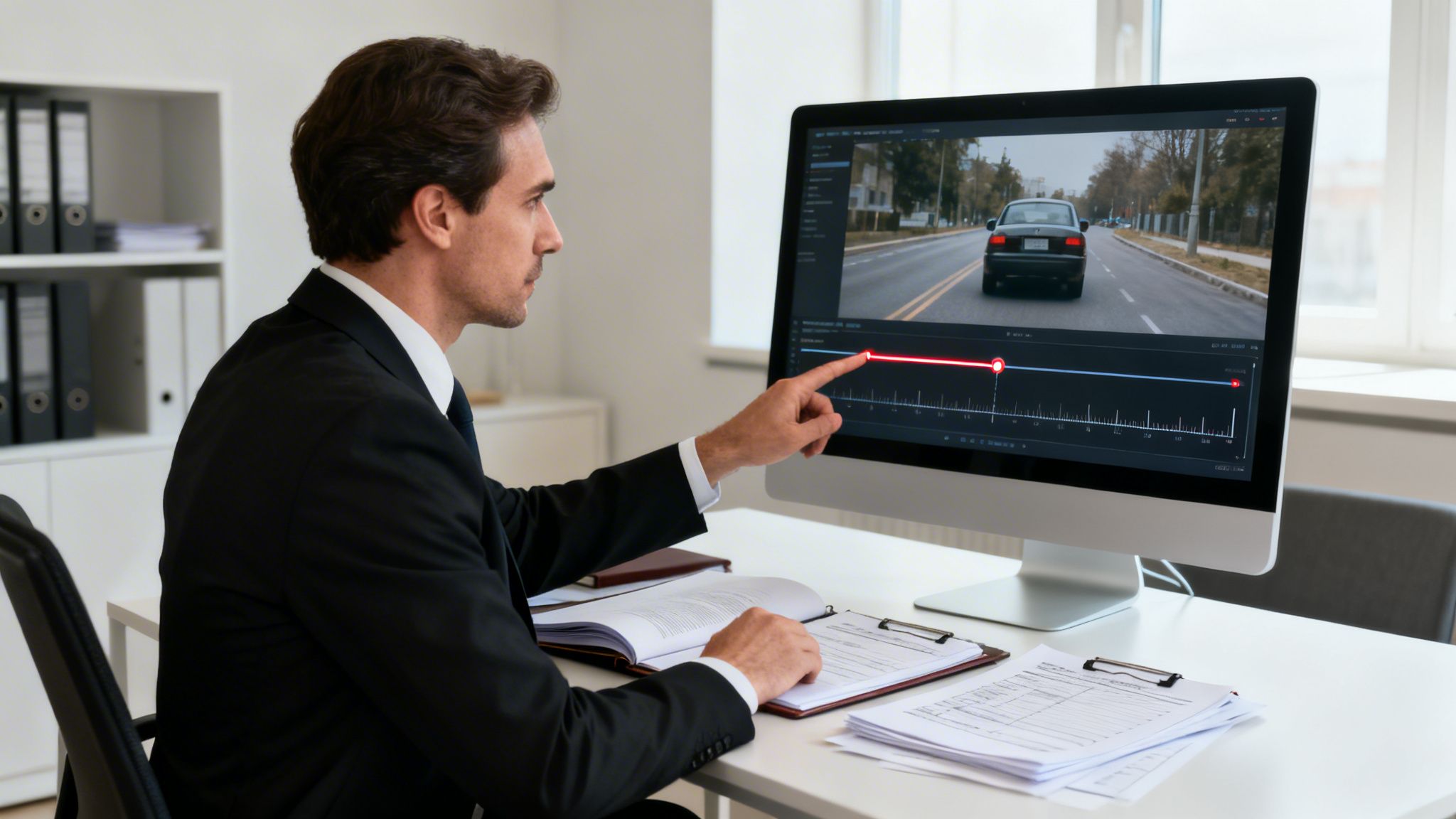 Professional man in a suit editing video footage of a car on a computer screen.