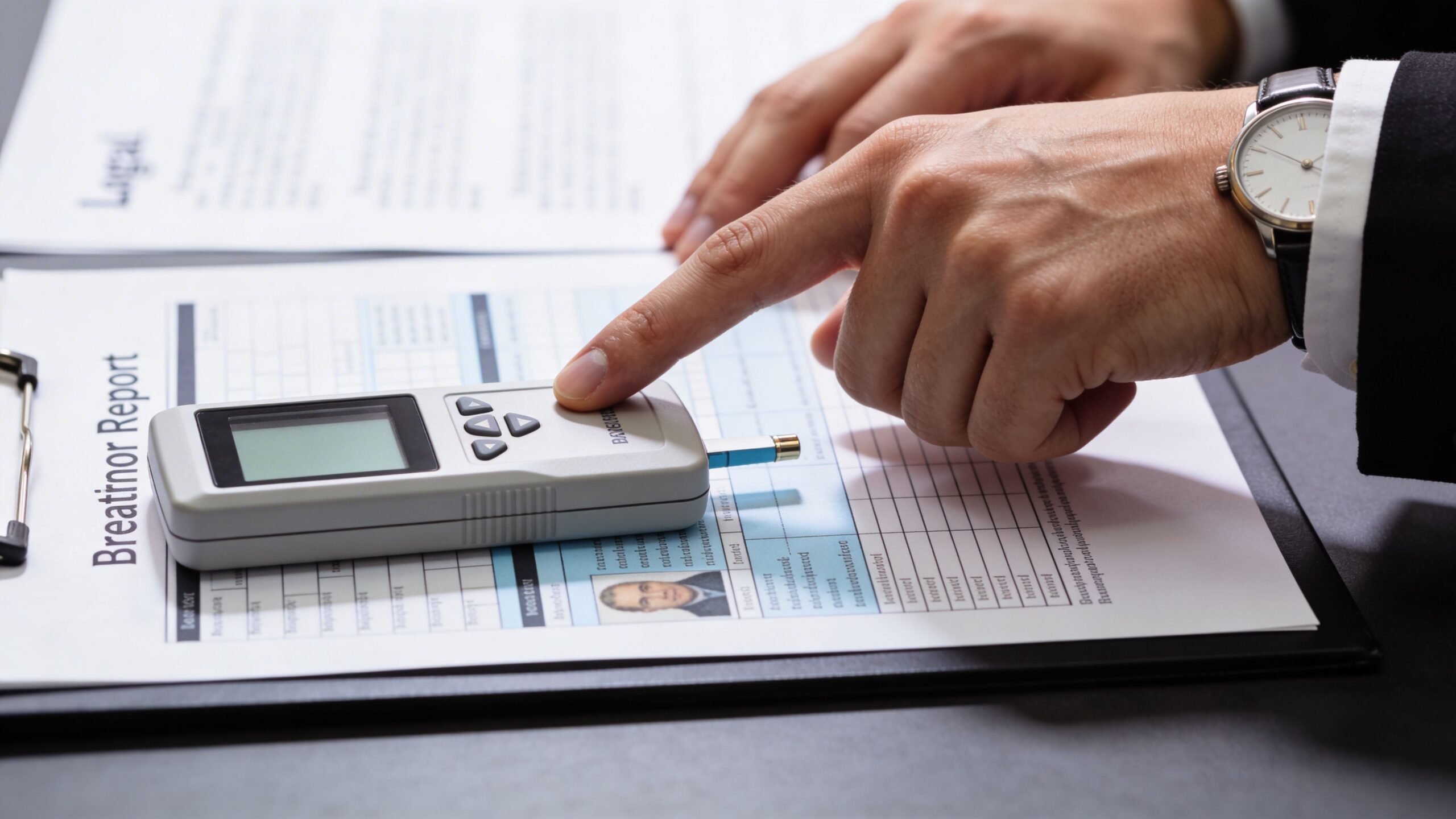 A professional in a suit checks a breathalyzer device placed on top of an official document report.