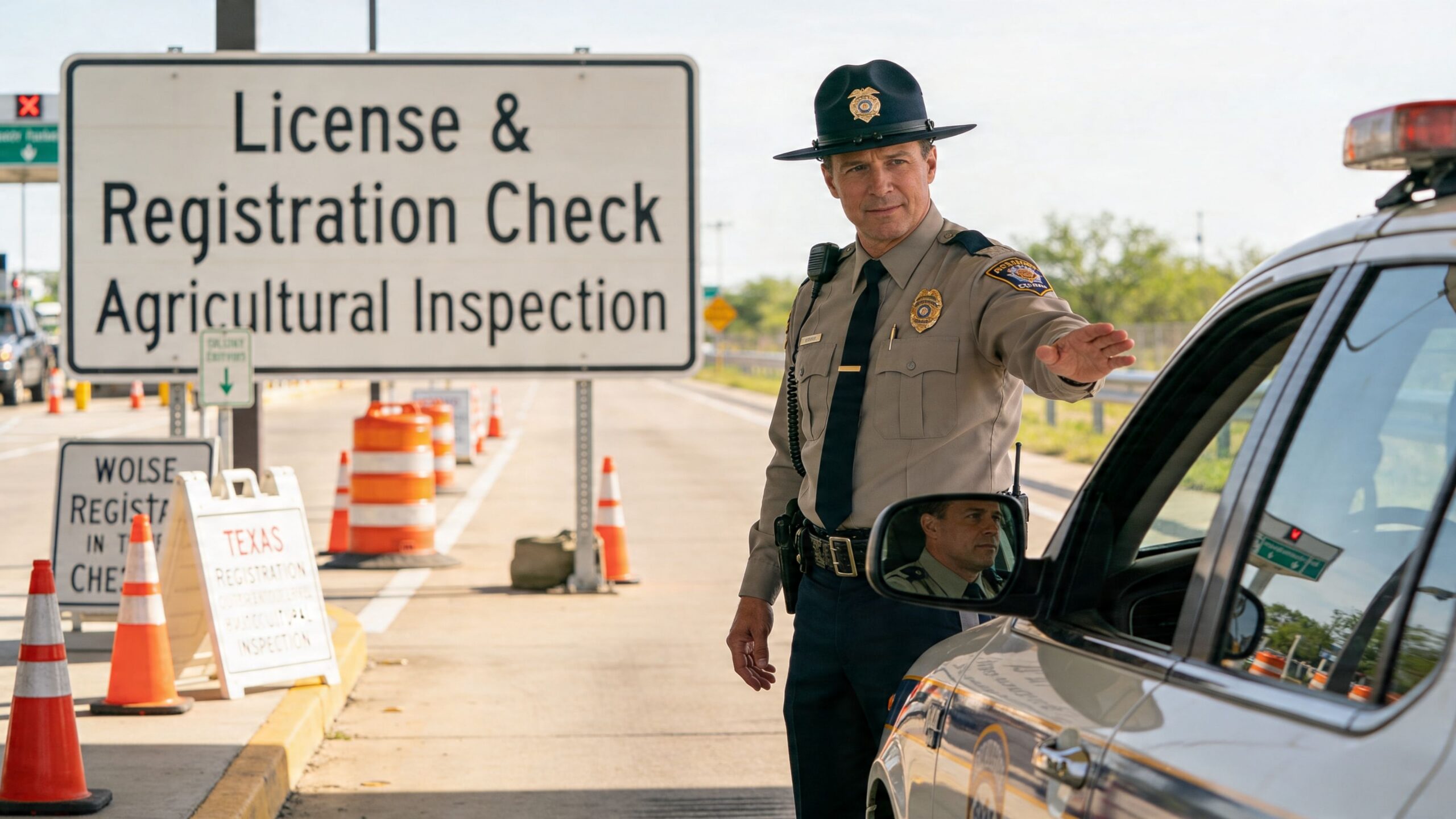 A Texas state trooper directs traffic at a highway license, registration, and agricultural inspection checkpoint.