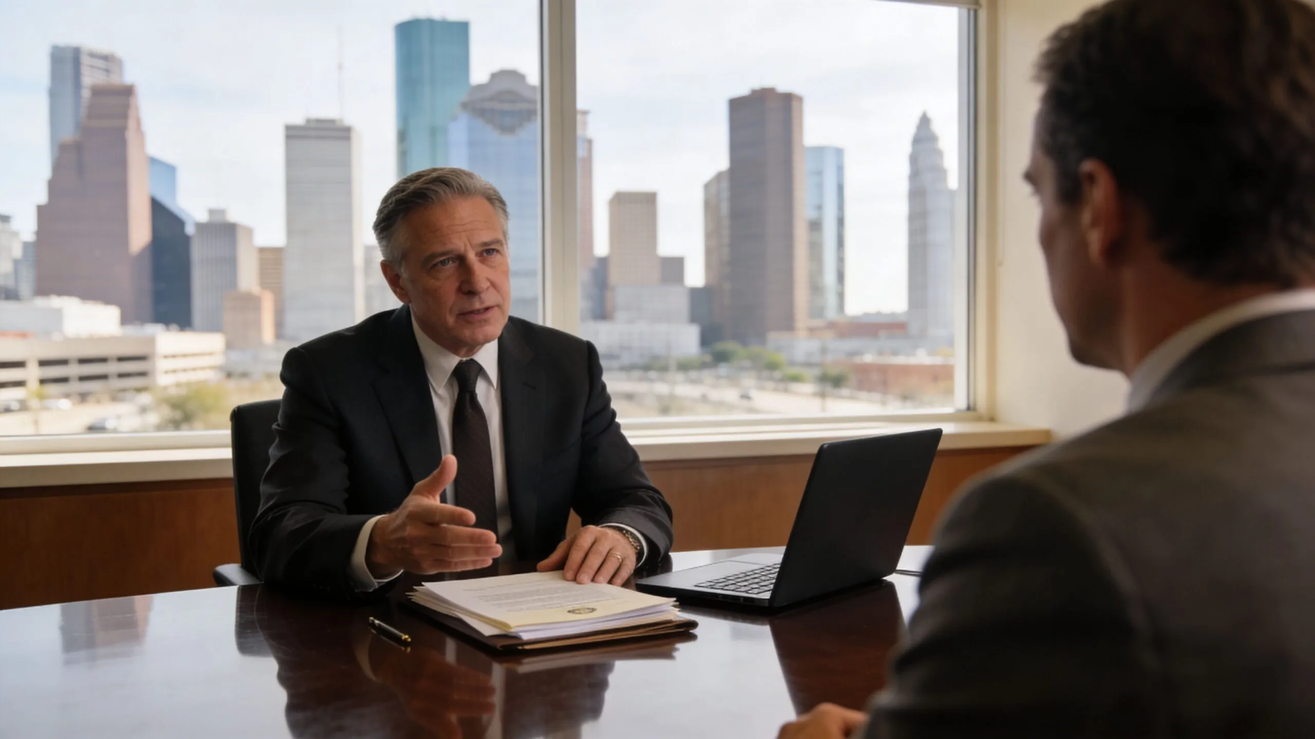 A professional lawyer consults with a client in a high-rise office overlooking the Houston city skyline.