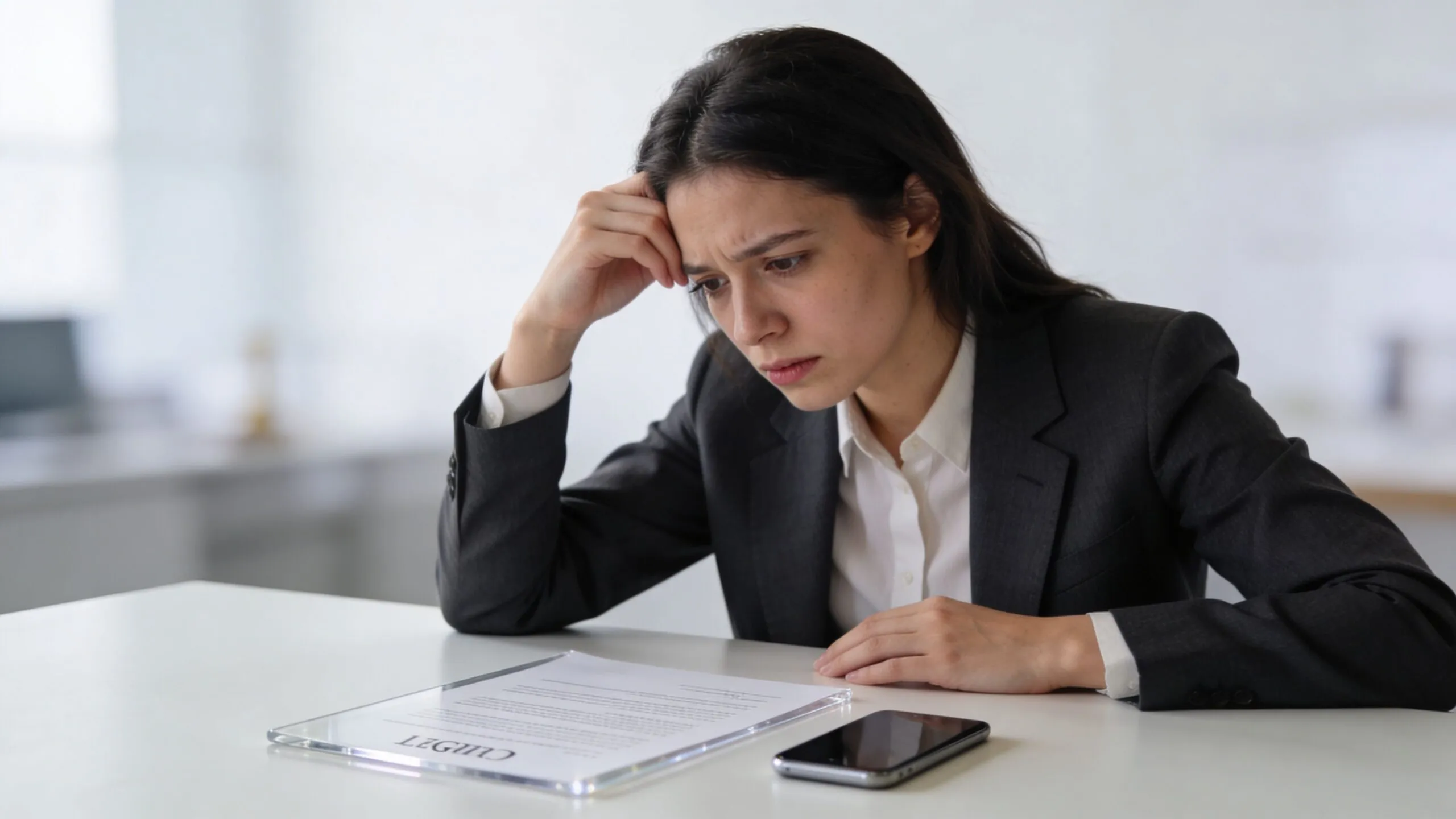 A distressed woman in a business suit looking down at legal documents at a desk.
