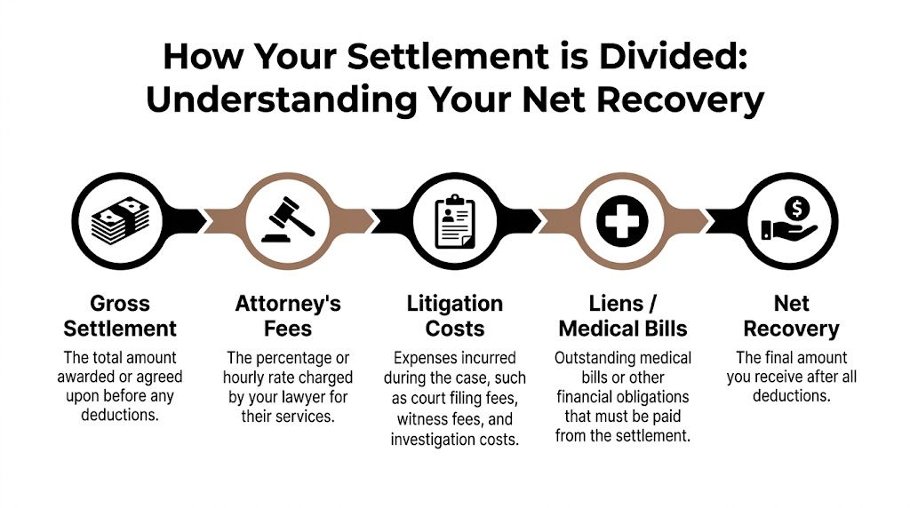 A flowchart explaining how a personal injury settlement is divided into fees, costs, liens, and net recovery.