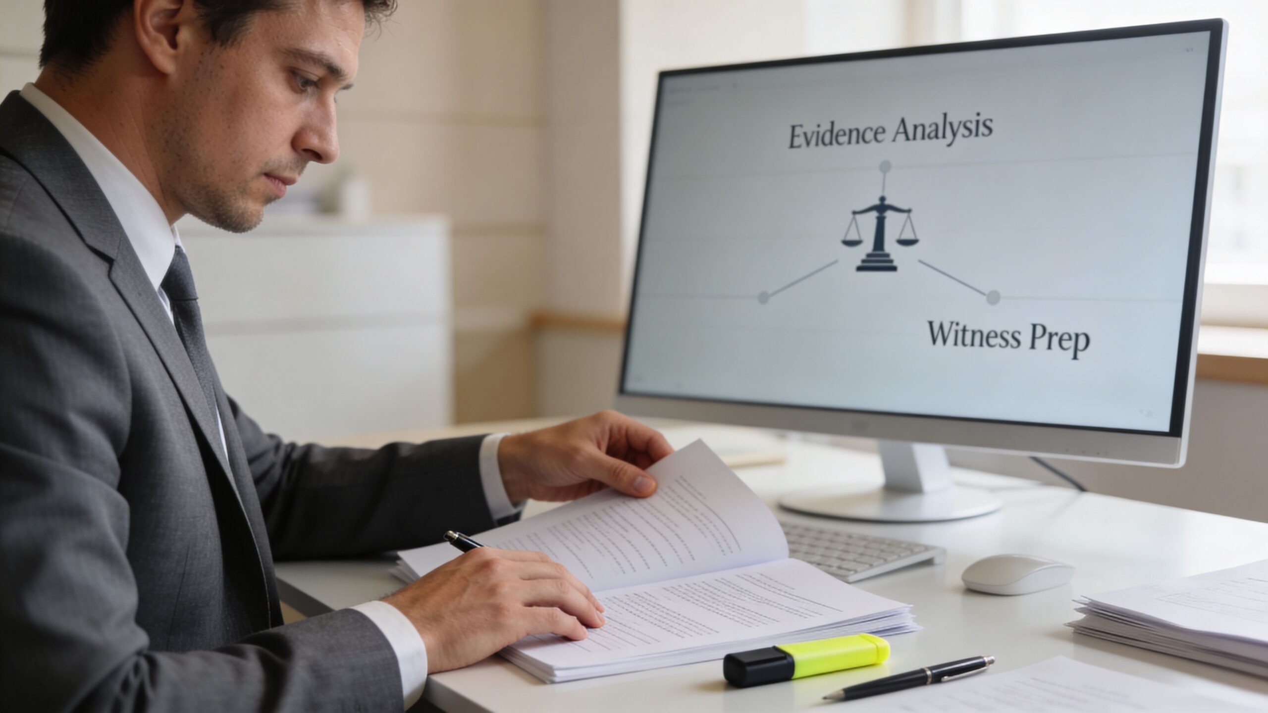 A professional attorney in a suit analyzing legal documents at a desk with a screen showing legal topics.