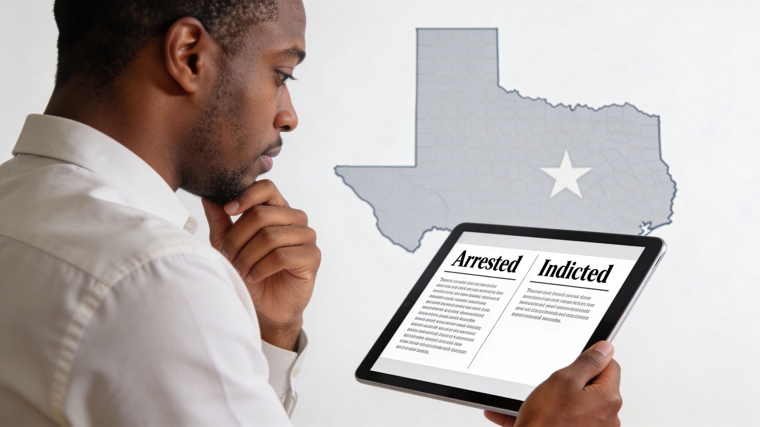 A man in a dress shirt holding a tablet showing an article about arrested versus indicted legal terms.