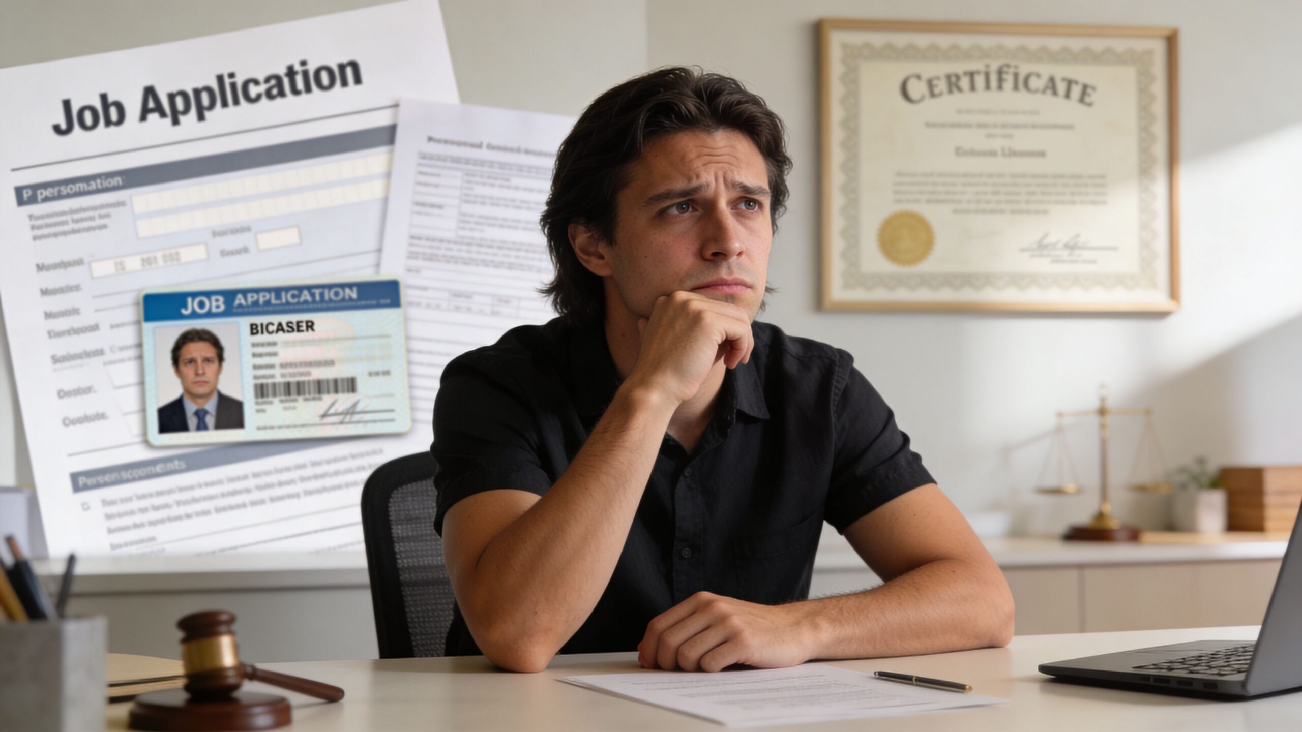 A thoughtful man sits at a desk featuring legal symbols, job applications, and personal identification documents.