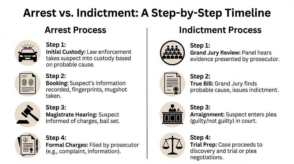 A diagram comparing the procedural timelines for the arrest process versus the indictment process in law.