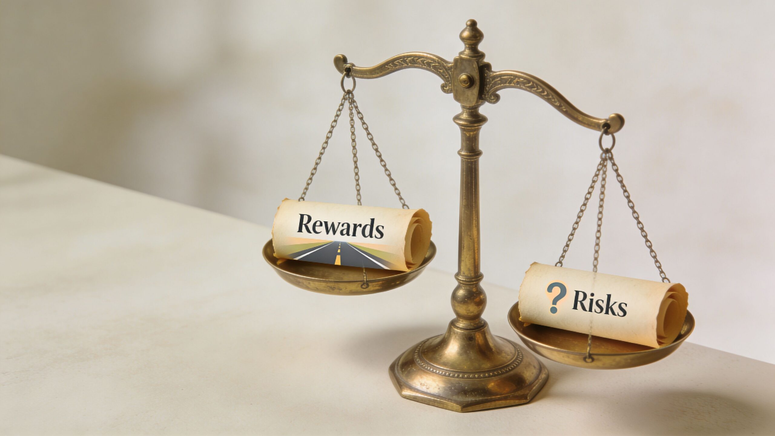 A brass vintage scale with a paper scroll labeled Rewards on one side and Risks on the other.