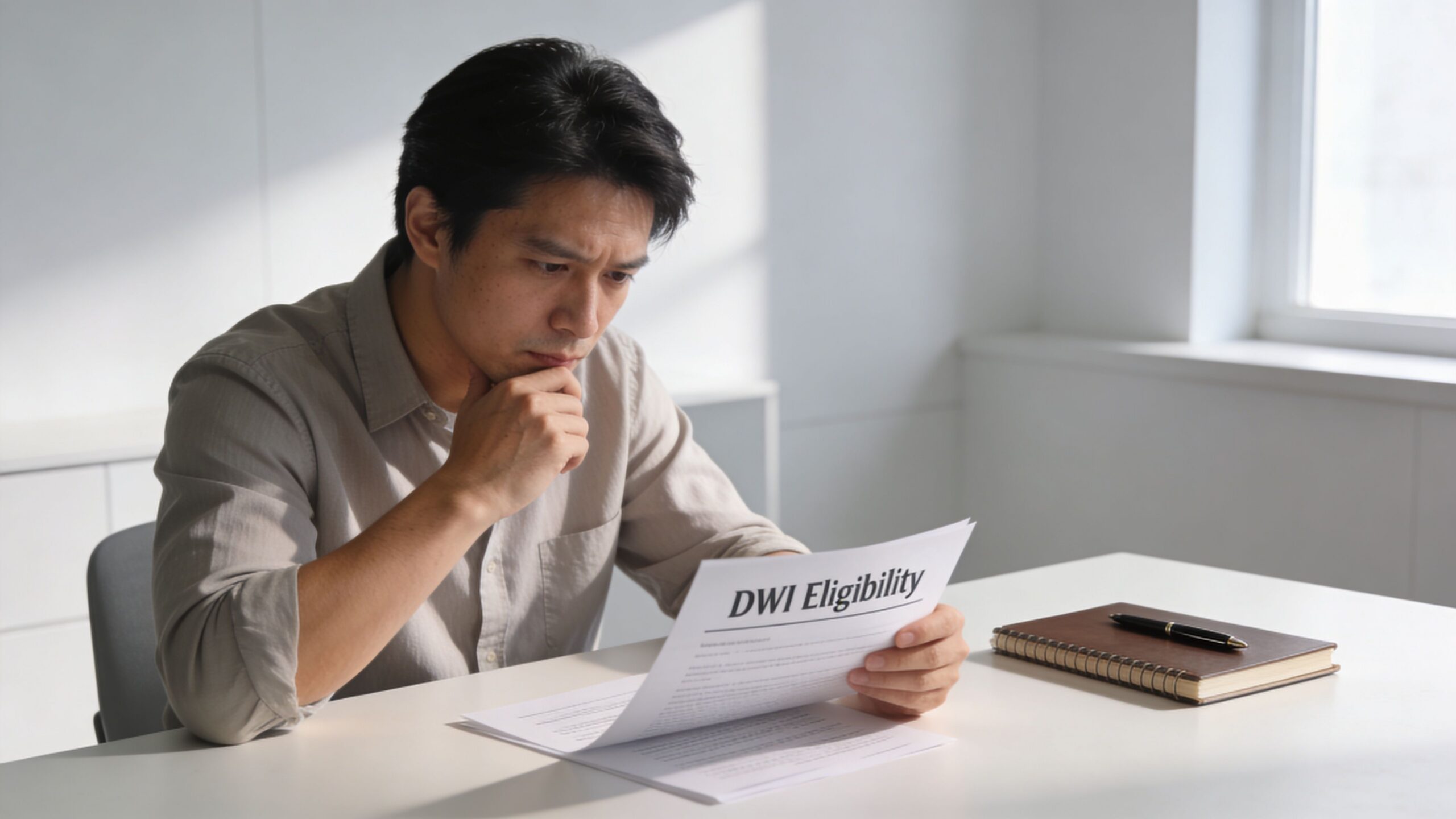 A concerned Asian man sitting at a desk reviewing a document labeled DWI Eligibility.