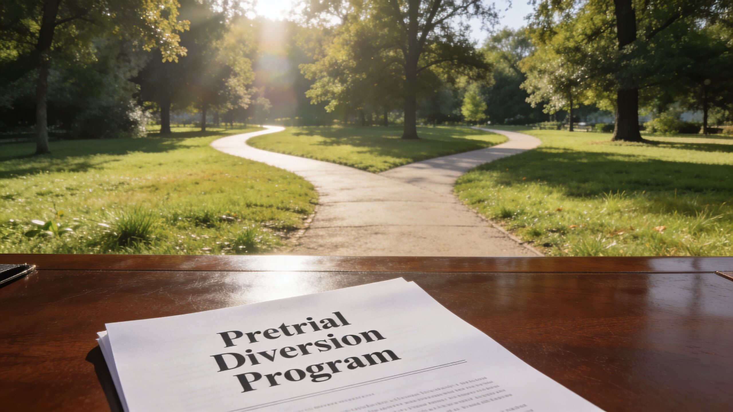 A document titled Pretrial Diversion Program resting on a table overlooking a diverging path in a park.