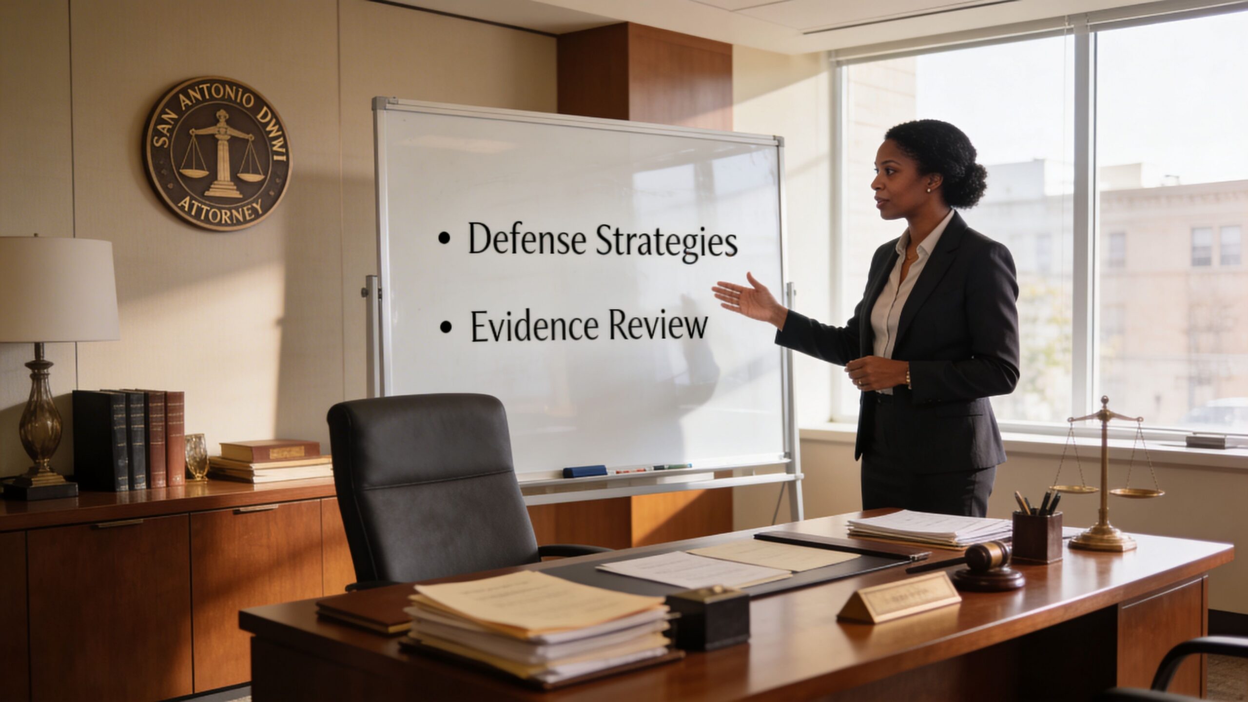 A professional attorney giving a presentation on defense strategies and evidence review in her law office.