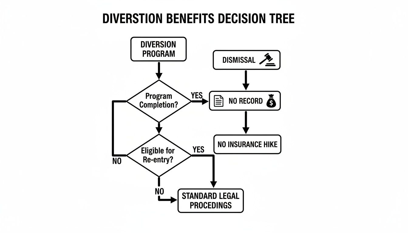 Decision tree flowchart illustrating diversion program benefits, including dismissal, no record, and insurance hike prevention.