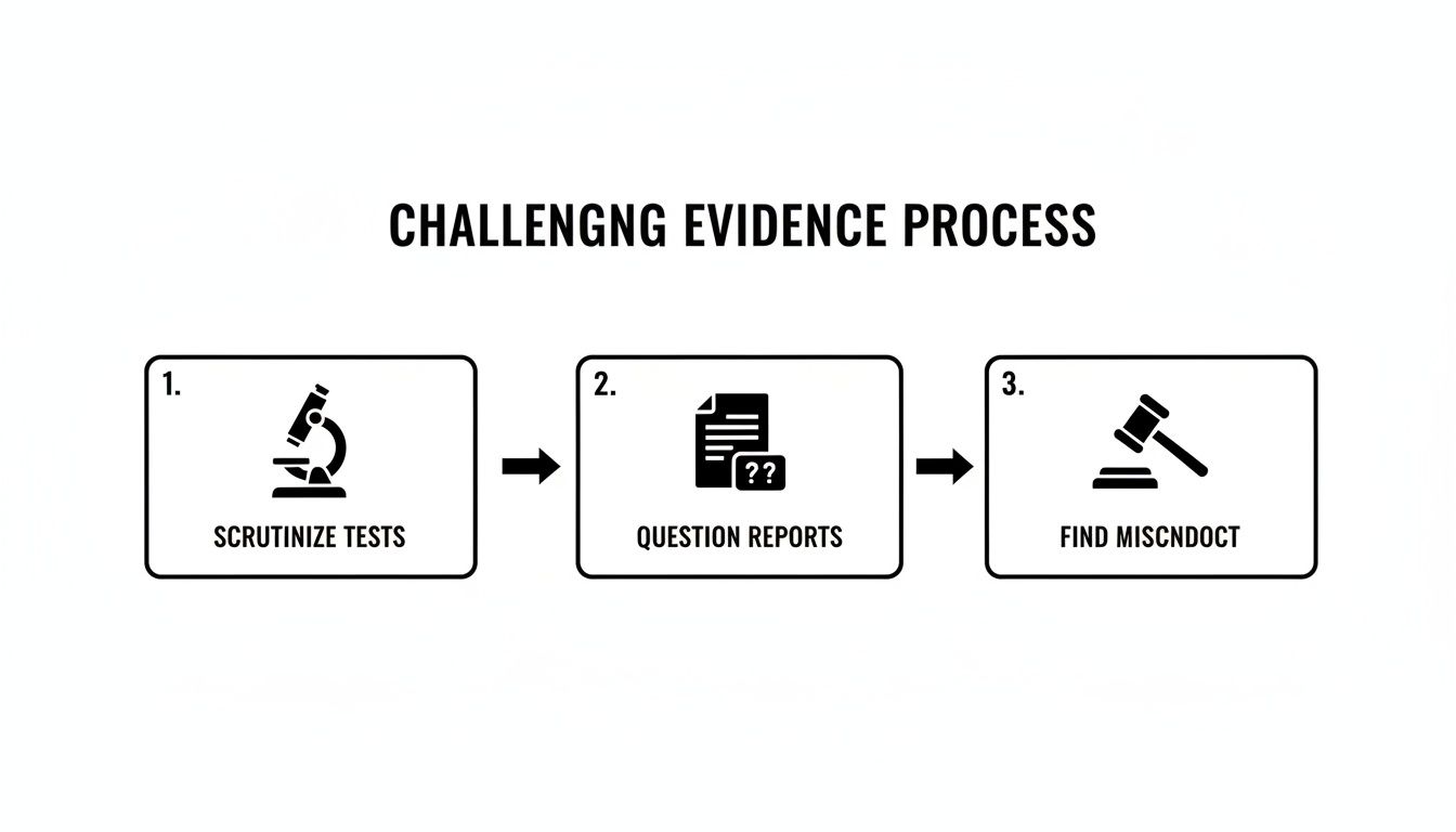 A three-step flowchart outlining the process for challenging evidence in legal contexts.