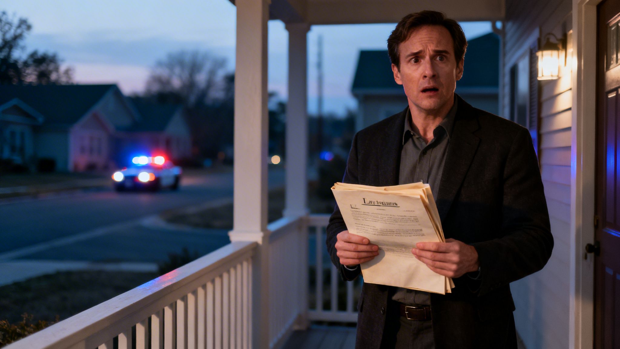 A distraught man on a porch holding legal papers, with a police car flashing in the background.