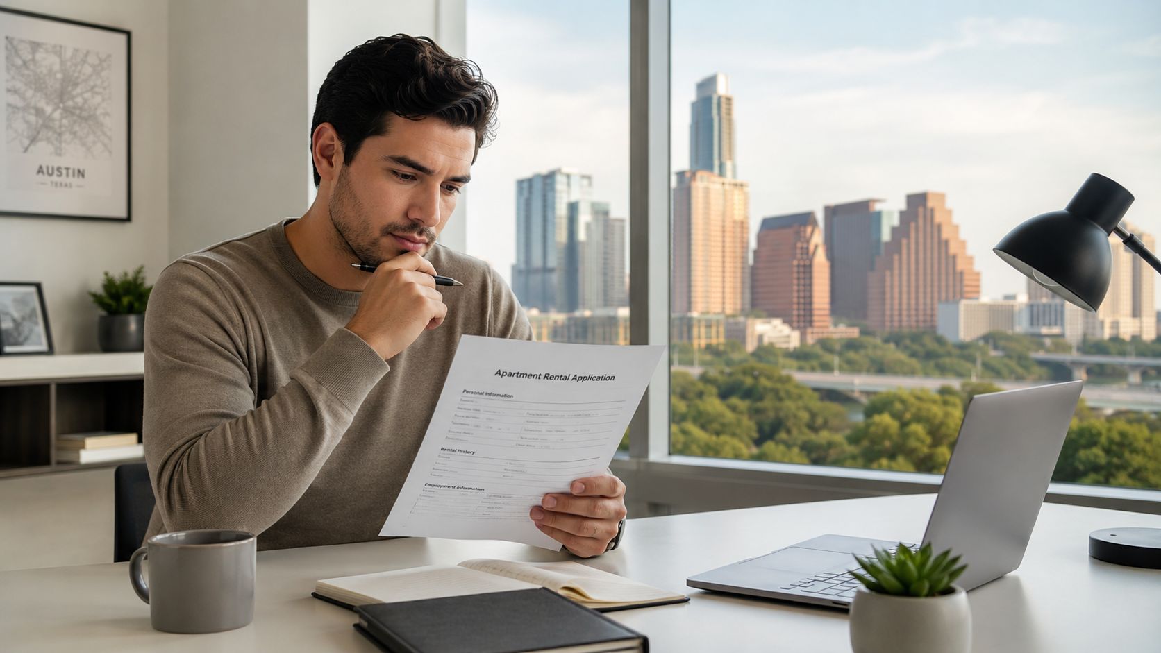 A young man sits at an office desk in Austin, thoughtfully reviewing an apartment rental application form.