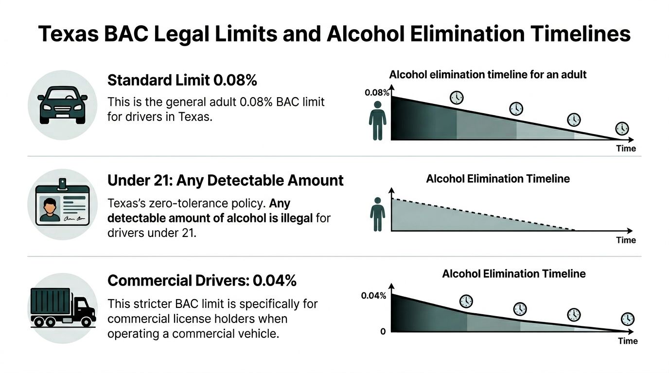 A chart showing Texas BAC legal limits for standard, under 21, and commercial drivers alongside elimination timelines.
