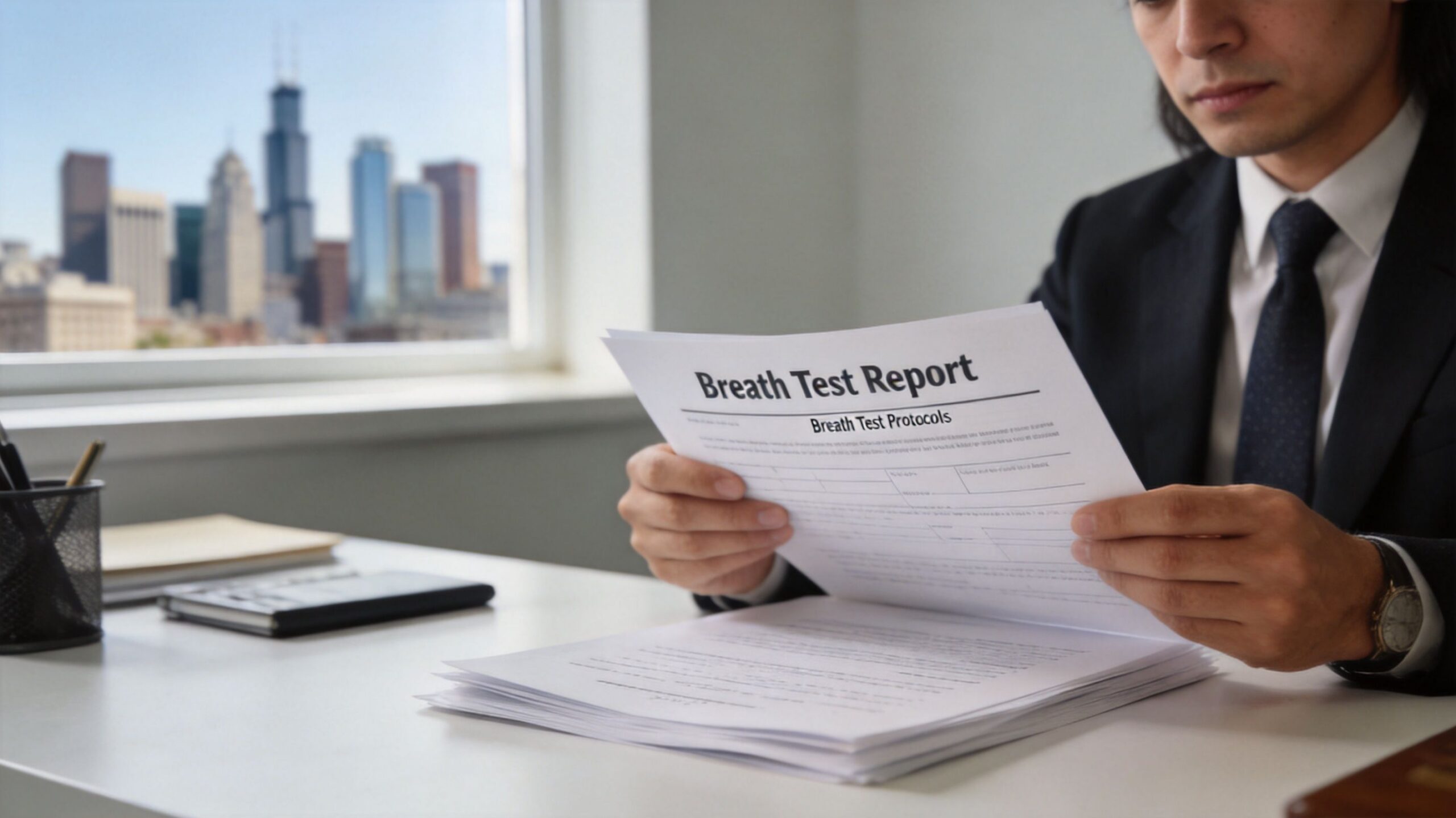 A professional in a suit reviewing a breath test report document at a desk with city views.