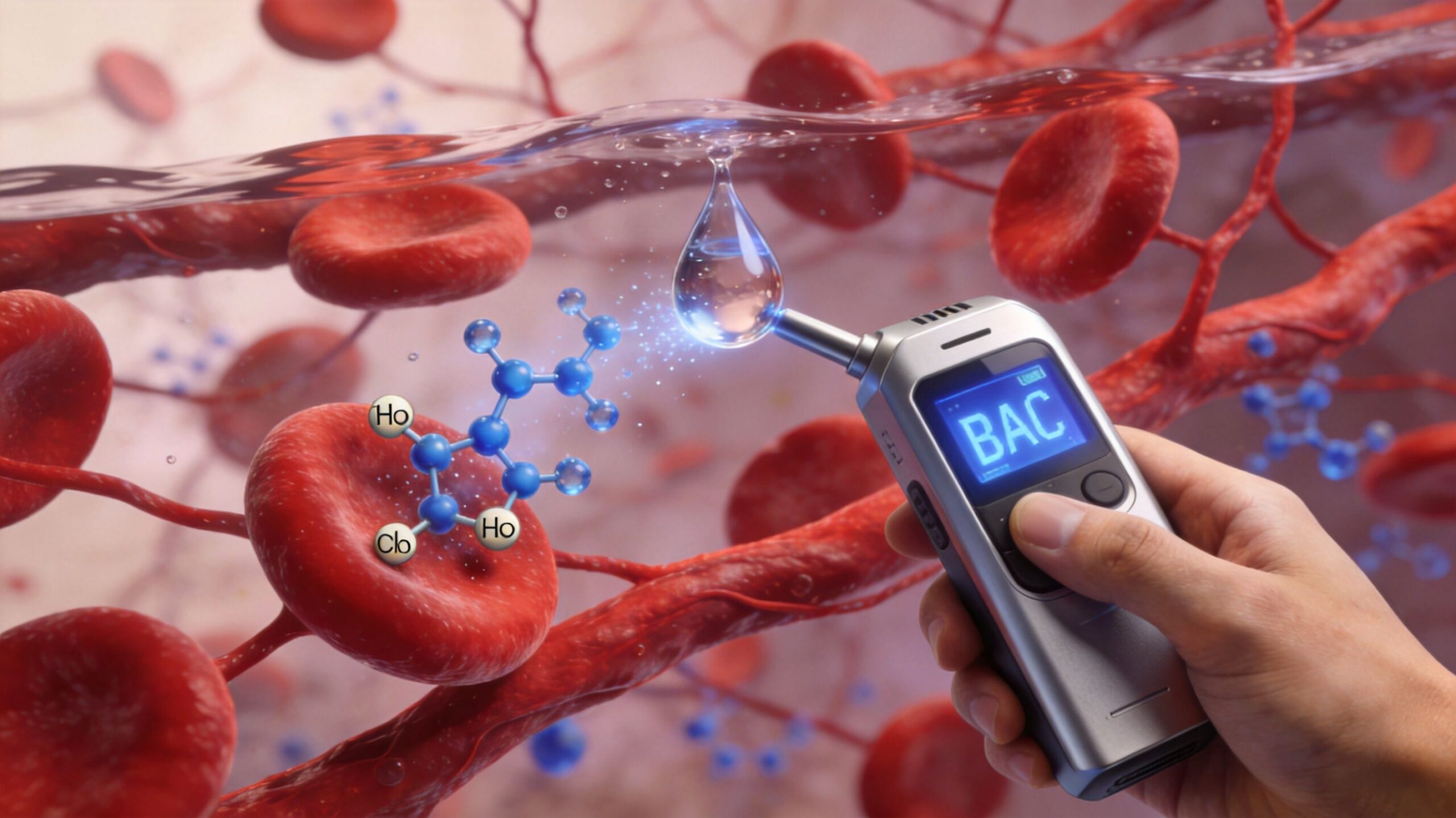A digital breathalyzer measuring alcohol in blood with red blood cells and molecular structures visible.